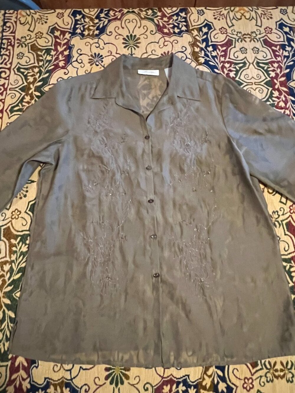 JH Collectibles Olive Green Sheer Button Up 3/4 Sleeves Dress Top Size Large